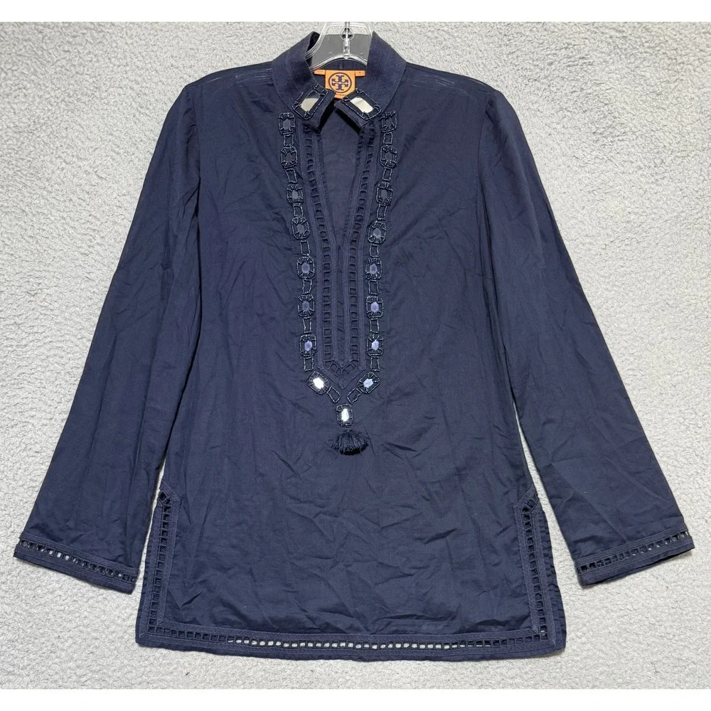 Tory Burch Tunic Long sleeve Top Mirror embroidery & Tassel detail Womens Size 6
